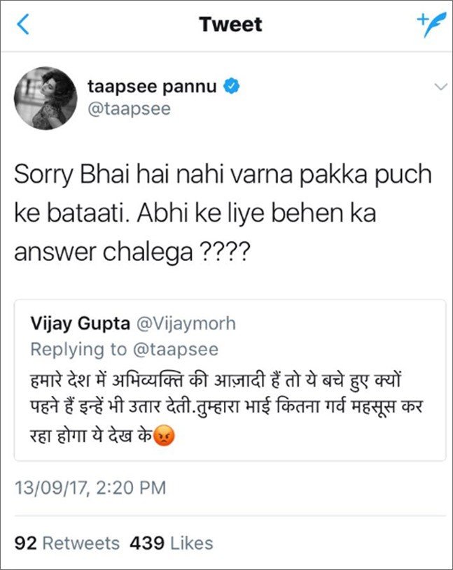 Taapsee Pannu Troll reply_Bollyworm